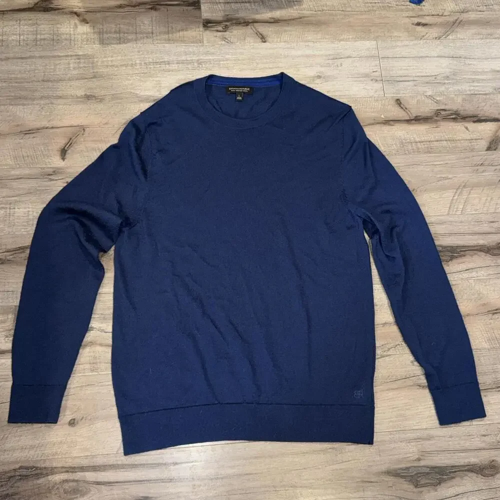 Men's‎ Banana Republic Merino Wool Sweater Large Navy Crew Neck Pullover Classic